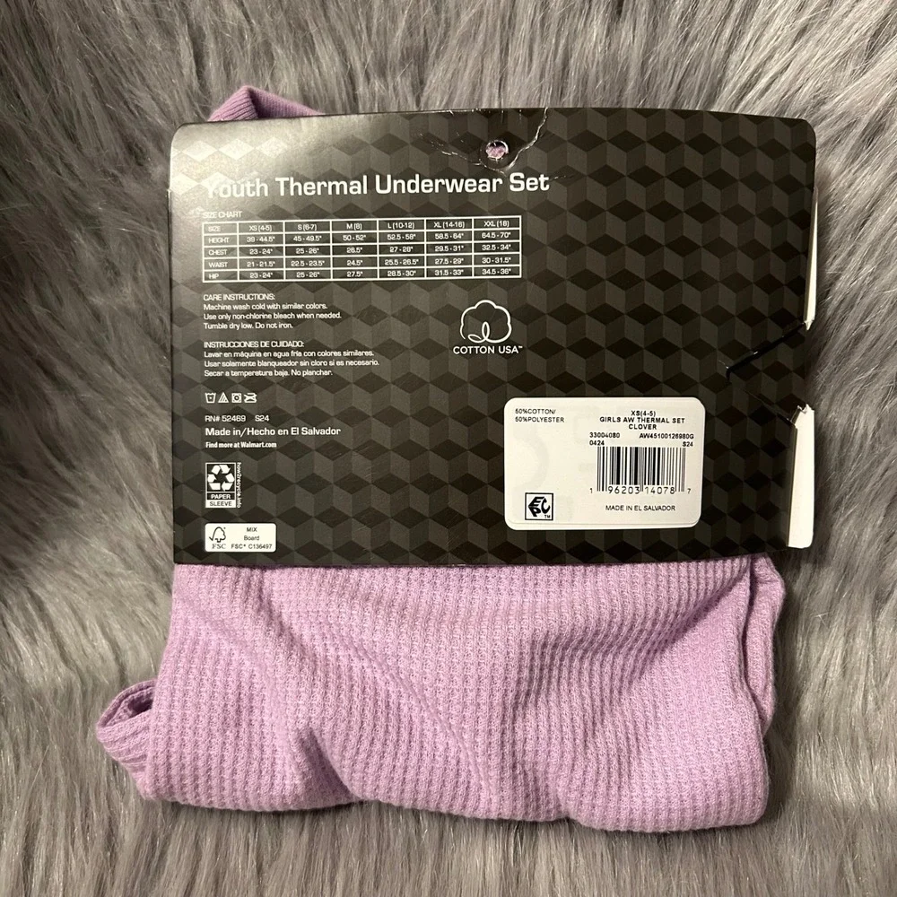 Athletic Works Thermal Underwear Set Girl Size XS (4-5) Purple 2 Piece Pajama‎
